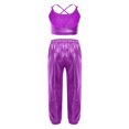thumbnail image 2 of Hansber Kids Girls Hip Hop Dance Outfits Metallic Camisole  Crisscross Strappy Back Crop Top and Shiny Pants Purple 12, 2 of 5