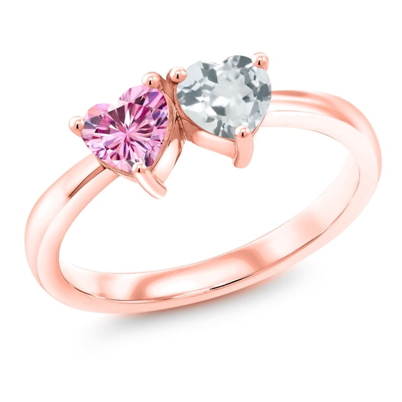 Gem Stone King 18K Rose Gold Plated Silver Ring Heart Shape Pink Moissanite and Aquamarine Sky Blue (0.92 Cttw, Size 5)
