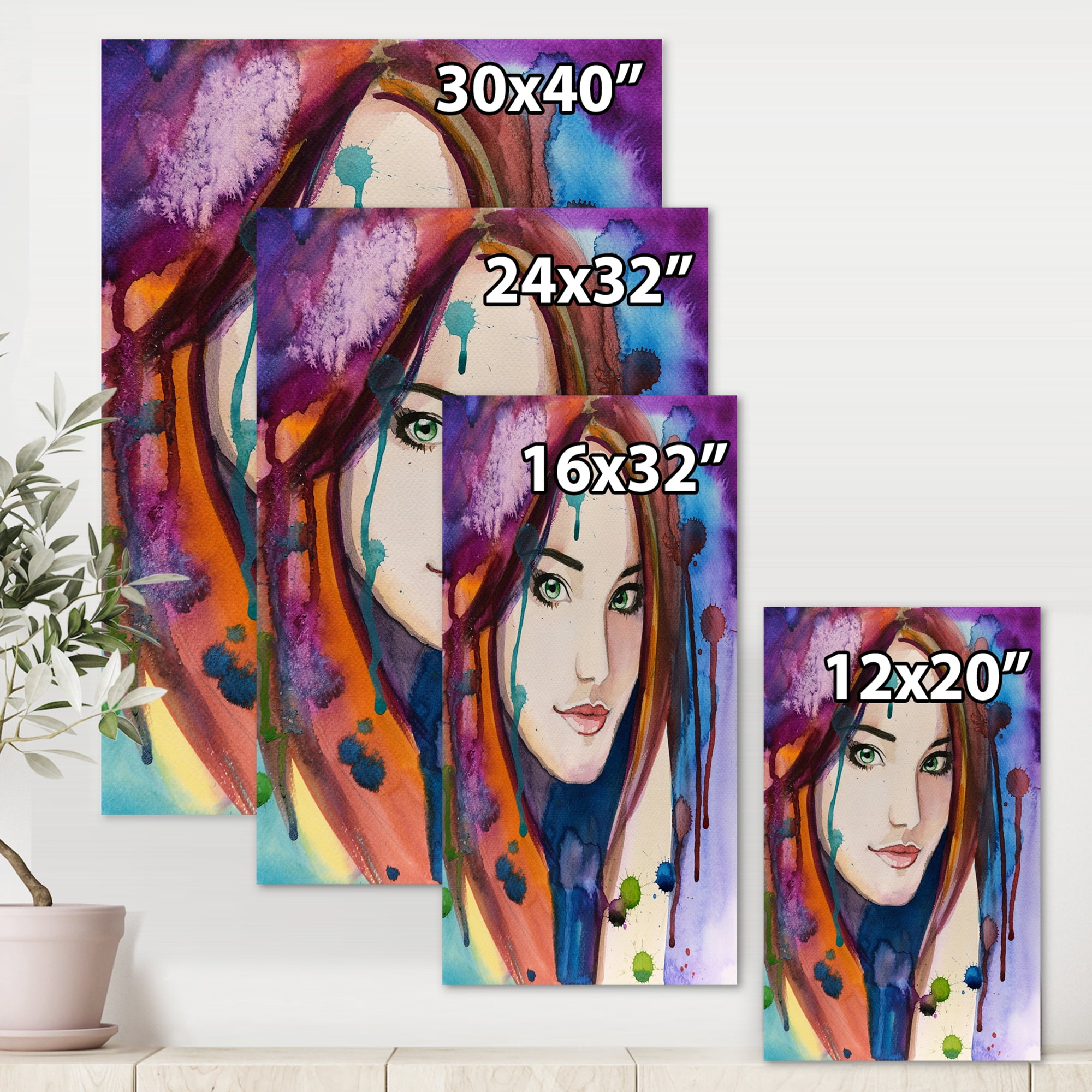 Designart ' Colorful Portrait Of Green Eyes Young Woman ' Traditional Canvas Wall Art Print