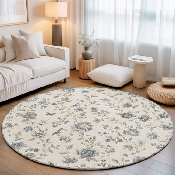 Vintage Floral Round Living Room Rugs 5 ft, Country Rustic Gold Blue Botanical Flowers Leaf Bird Washable Area Rug with Non-Slip Sturdy Edge Binding Round Carpet for Entryway Kitchen Bedroom Bathroom