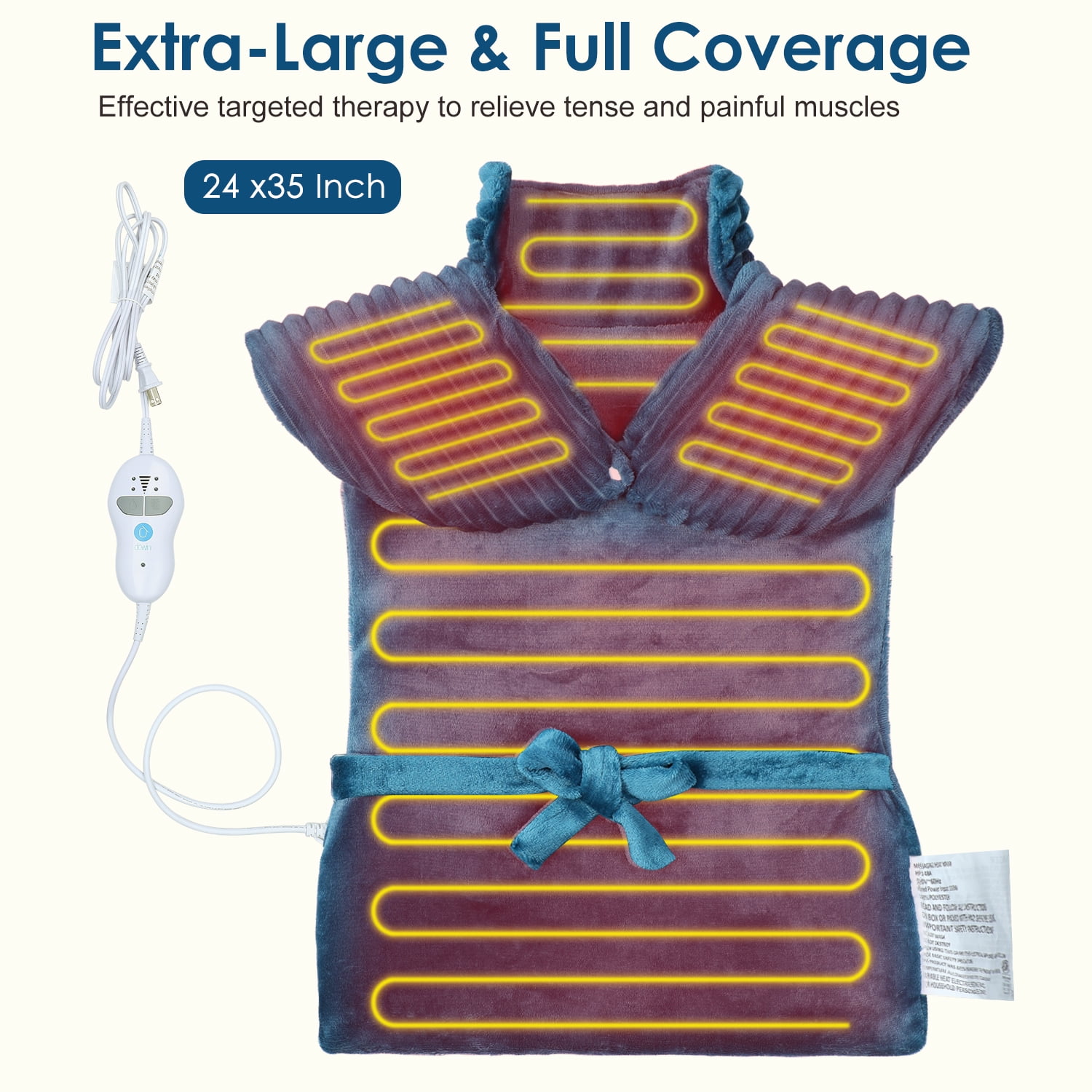 Heating Pad with Massager for Back Pain Relief 24 x35inch,Auto-Shut Off, 2 Heat Settings Wearable Heating Pad Wrap,Machine Washable,Teal