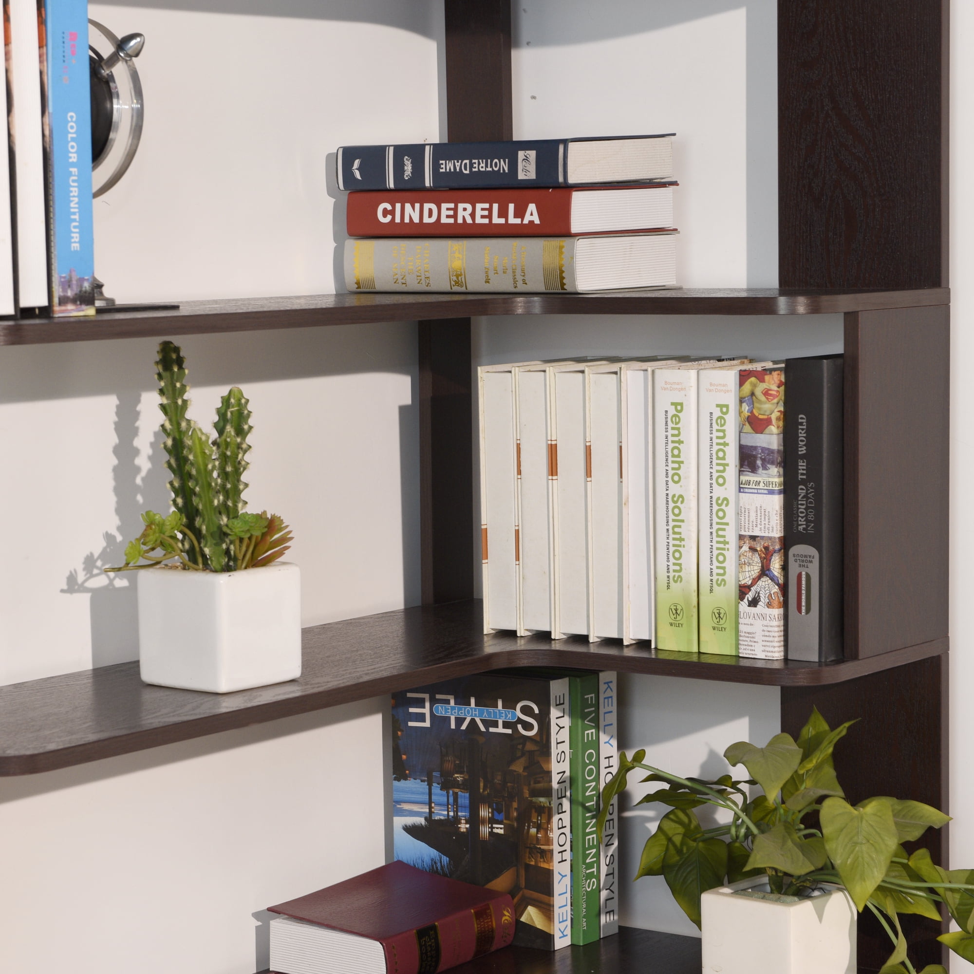 Leumius 5 Tier Freestanding Bookshelf,Wooden L-Shaped Corner Bookcase with Anti-drop Panel and Anti Tipping Device, Display shelf Open Storage,Ox Blood Red
