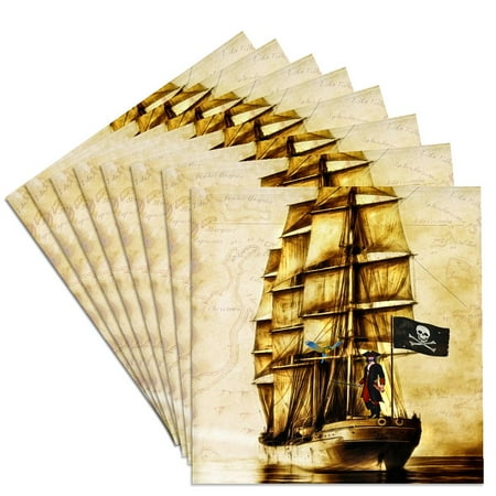 

3dRose Vintage Pirate Ship with Parrot and Old World Map Set of 8 Ceramic Tile Coasters