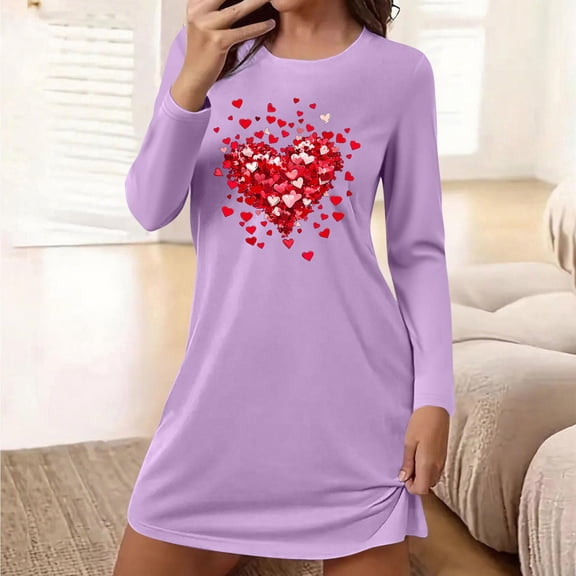 RKSTN Women's Sleepwear Nightgown Valentine's Day Heart Print Long Sleeve Crew Neck Color Block Loungewear Spring Nightdress
