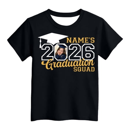 Custom Photo T-Shirt Personalized Text Picture Print Short Sleeve Crew Neck Tee Unisex Graduation Season Casual Top for Celebration Wear(Black2 S)