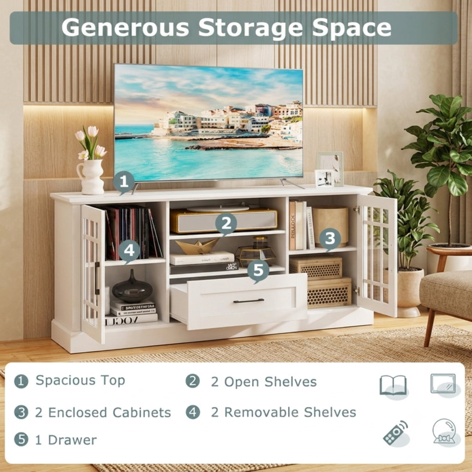 Furnibear TV Stand Entertainment Center for TVs up to 70 Inch with Tempered Glass Doors Cubbies and Drawer for Living Room Media Storage, White