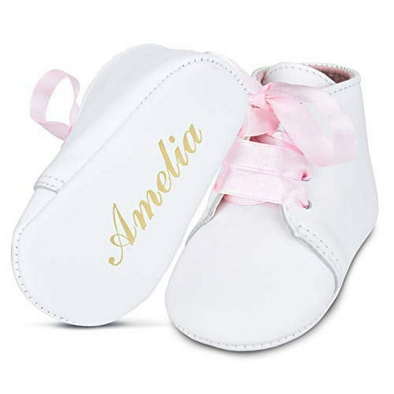 BABYSHOE Personalized Baby Girl Christening Shoes – Baptism Gender Reveal Soft Newborn Lace Up with Hand Embossed Name & Date - Special Occasion Church Shoes Pink