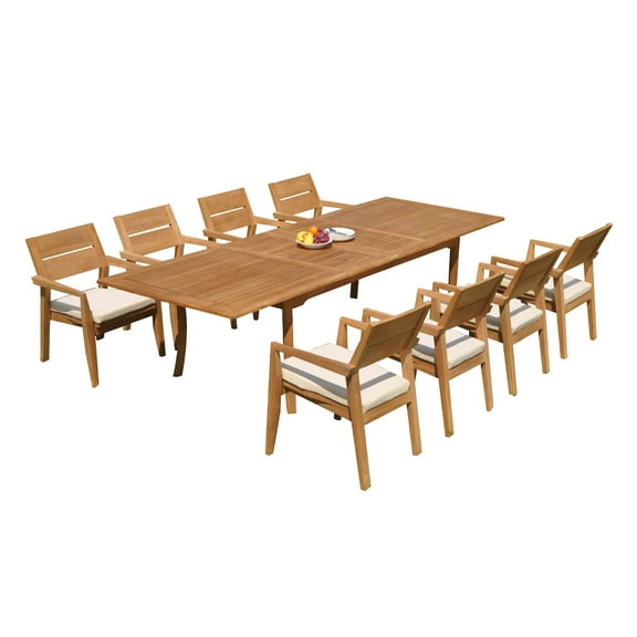 Grade-A Teak Dining Set: 8 Seater 9 Pc: 118" Rectangle Table And 8 Vellore Stacking Arm Chairs Outdoor Patio WholesaleTeak #51VL2409