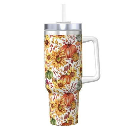 

Logiee Sunflowers Pumpkins And Autumn Leaves Print 40OZ Ice Bully Cup with Handle and Straw Double Wall Stainless Steel Tumbler Travel Coffee Cup with Lid Summer Insulation and Cooling Cup