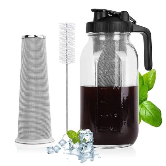 PNHYTUGY Cold Brew Coffee Maker, 64 Oz Mason Jar Pitcher with Stainless Steel Filter & Pour Spout Handle Lid & Heavy Duty Glass for Iced Coffee & Tea -(2 Quart) Black