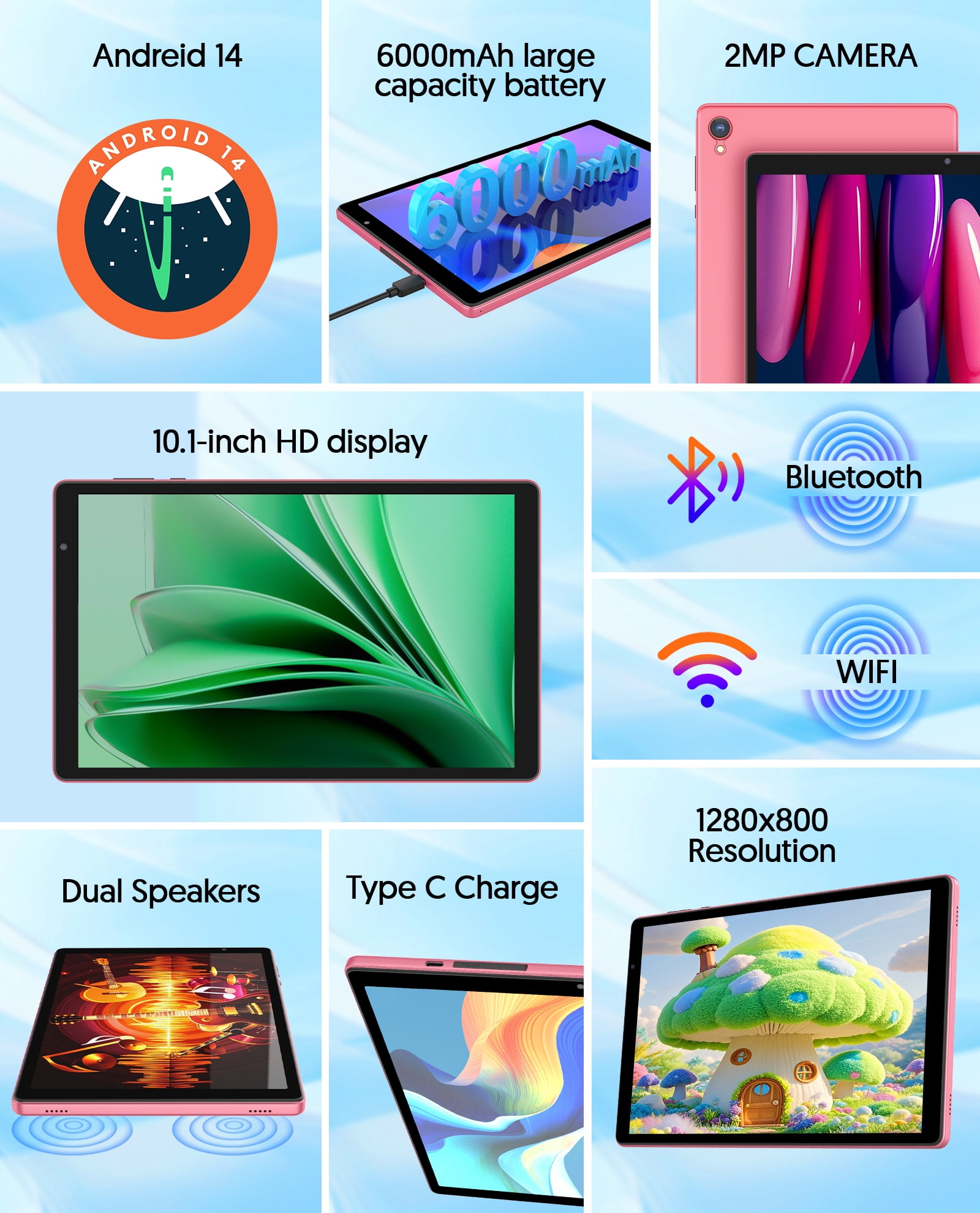Android Tablet, 10 inch Android 14 Tablet, Quad-core CPU, RAM 4GB（2G+2G）, ROM 32GB (Up to 1TB), 800x1280 IPS, WiFi 6, 2MP+2MP, 6000mAh, Pink