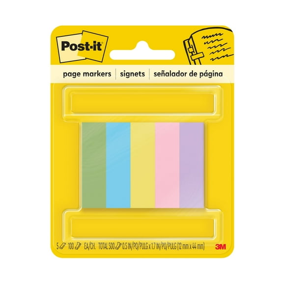 Post-it Page Marker, Assorted Colors, 1/2 in x 1-3/4 in, 5 Pads