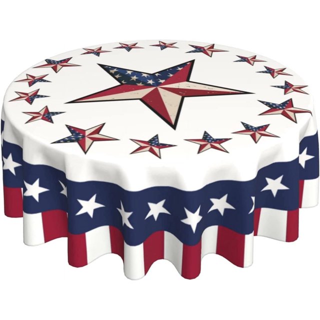 4th of July Tablecloth Round 60 Inch Patriotic Tablecloth Washable American Flag Stars Tablecloths Circular Table Cover Cloths Washable Polyester Tabletop Runner for Kitchen Party Picnic Dining Decor