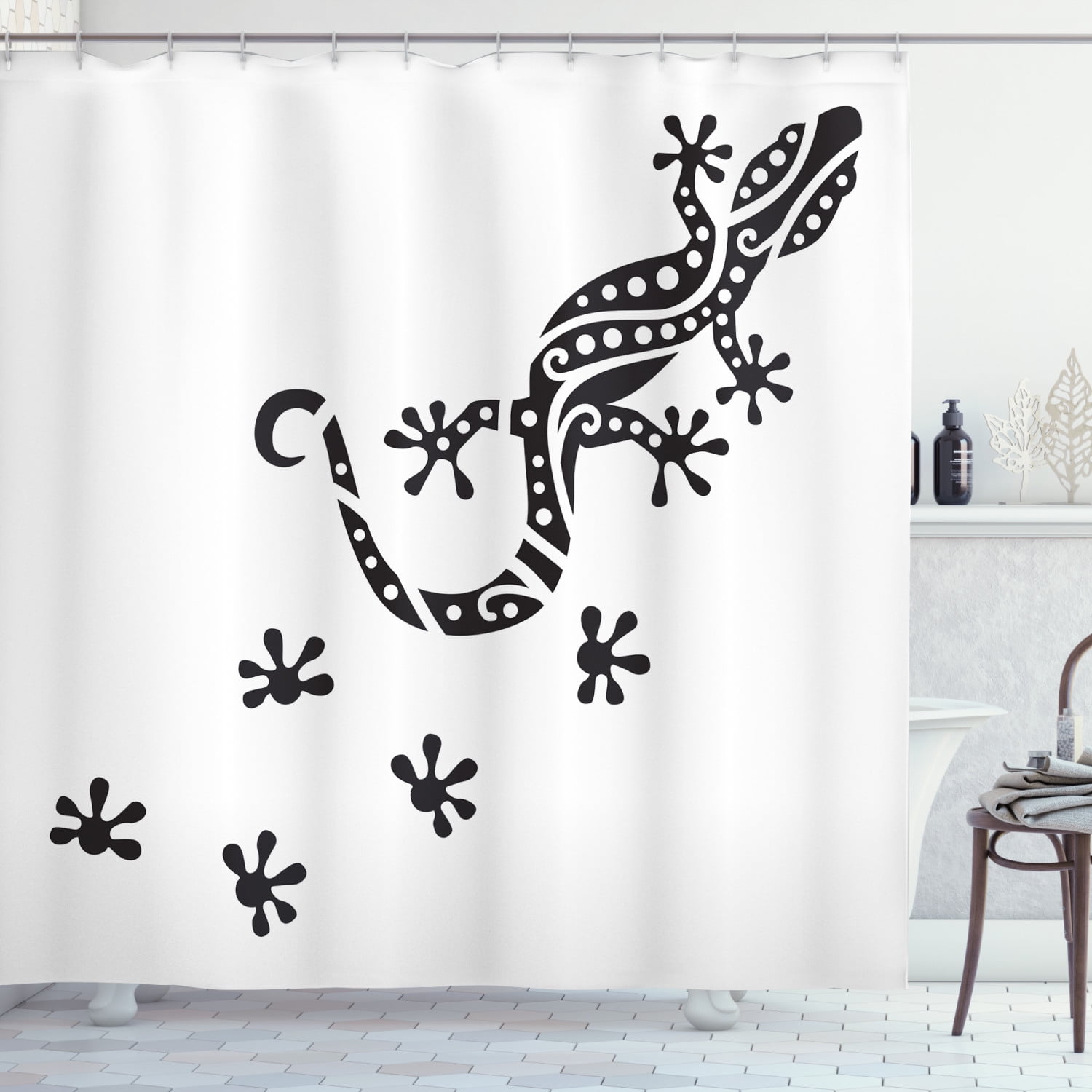 Gecko Shower Curtain, Monochrome Composition of a Lizard with