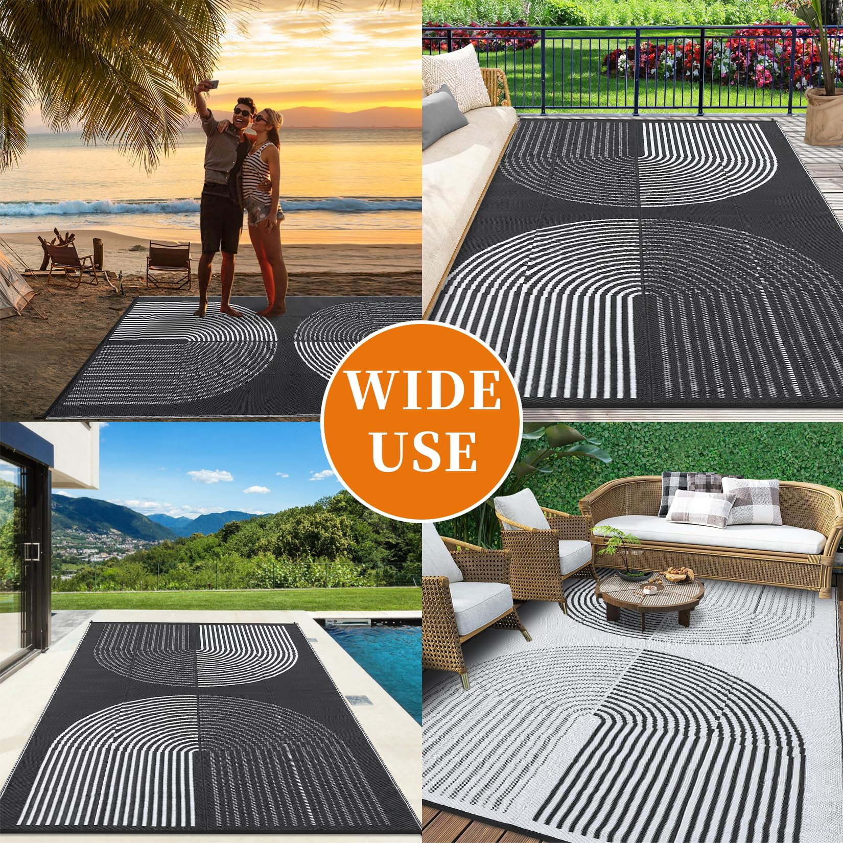 Kicctian Outdoor Rug 8x10FT Patio Waterproof, Outdoor Patio Rug Plastic Straw Outdoor Carpet, Large Modern Area Rug Carpet for Camping Poolside RV, Easy to Clean, Black & White