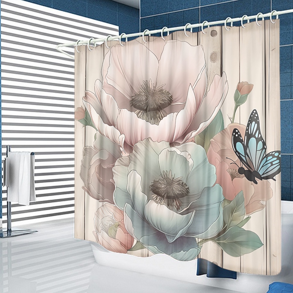 Fraigo Rustic Farmhouse Shower Curtain, Vintage Pink Teal Flower Shower