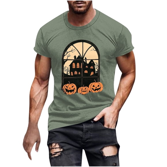Halloween T-shirt for Men, Military Green Printed Round Neck Short Sleeve Cotton Blend Top, Casual Daily Wear, Hand Wash Cold