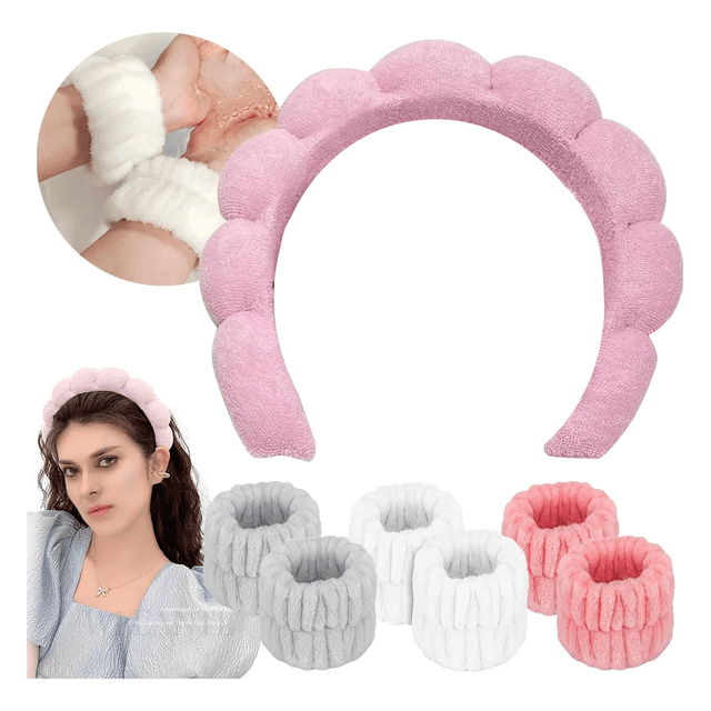 Kit 7pzs Diademas Para Maquillaje Y Muñequeras Skincare Spa Xtellar rosa