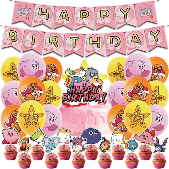 Pink Kirby Star Theme Birthday Party Decorations Cartoon Cupcake Toppers Cute Latex Balloon Happy Birthday Celebration Banner Supplies Set