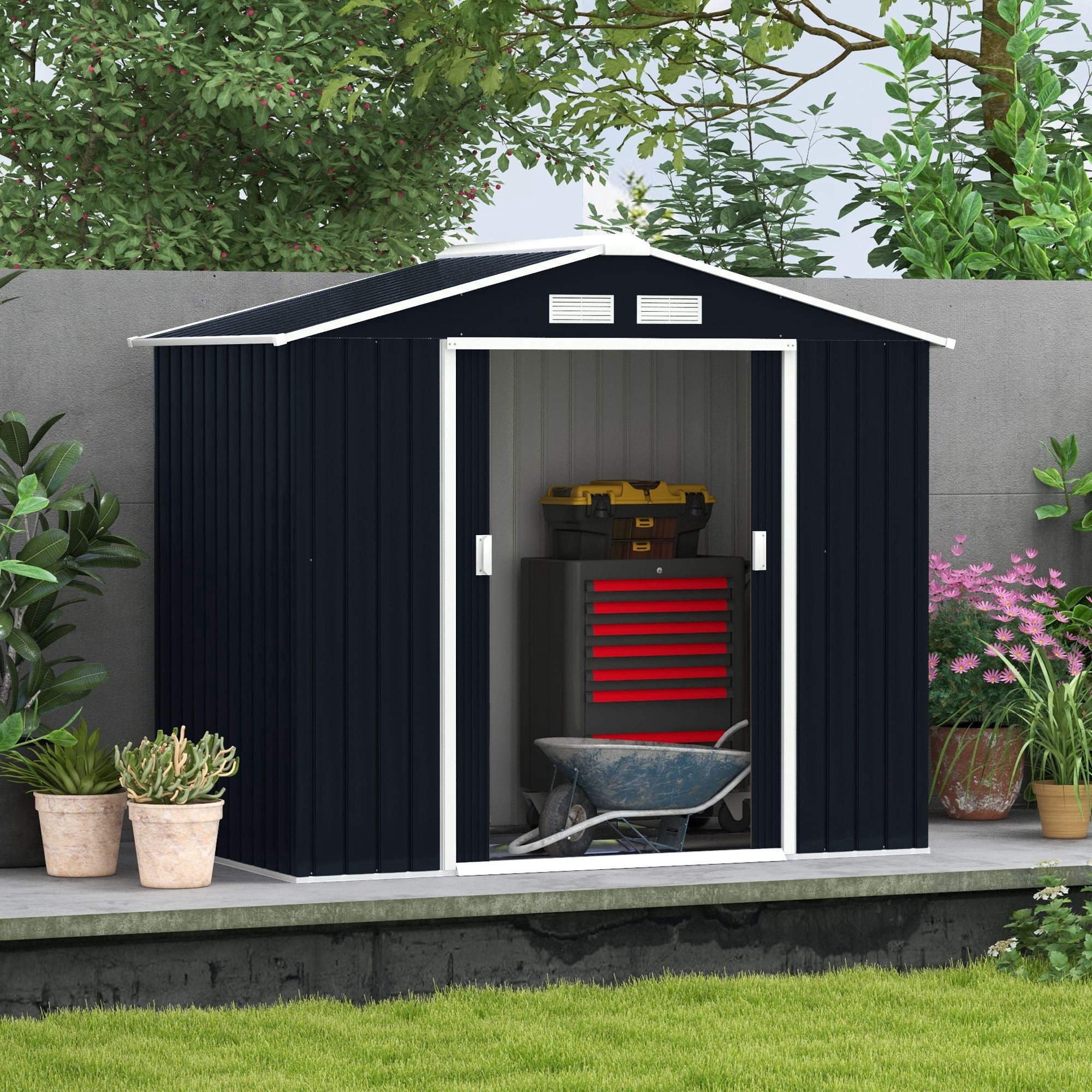 Metal Garden Shed 7 x 4 Dark Gray Spacious Outdoor Storage Organizer with Ventilation for Backyard