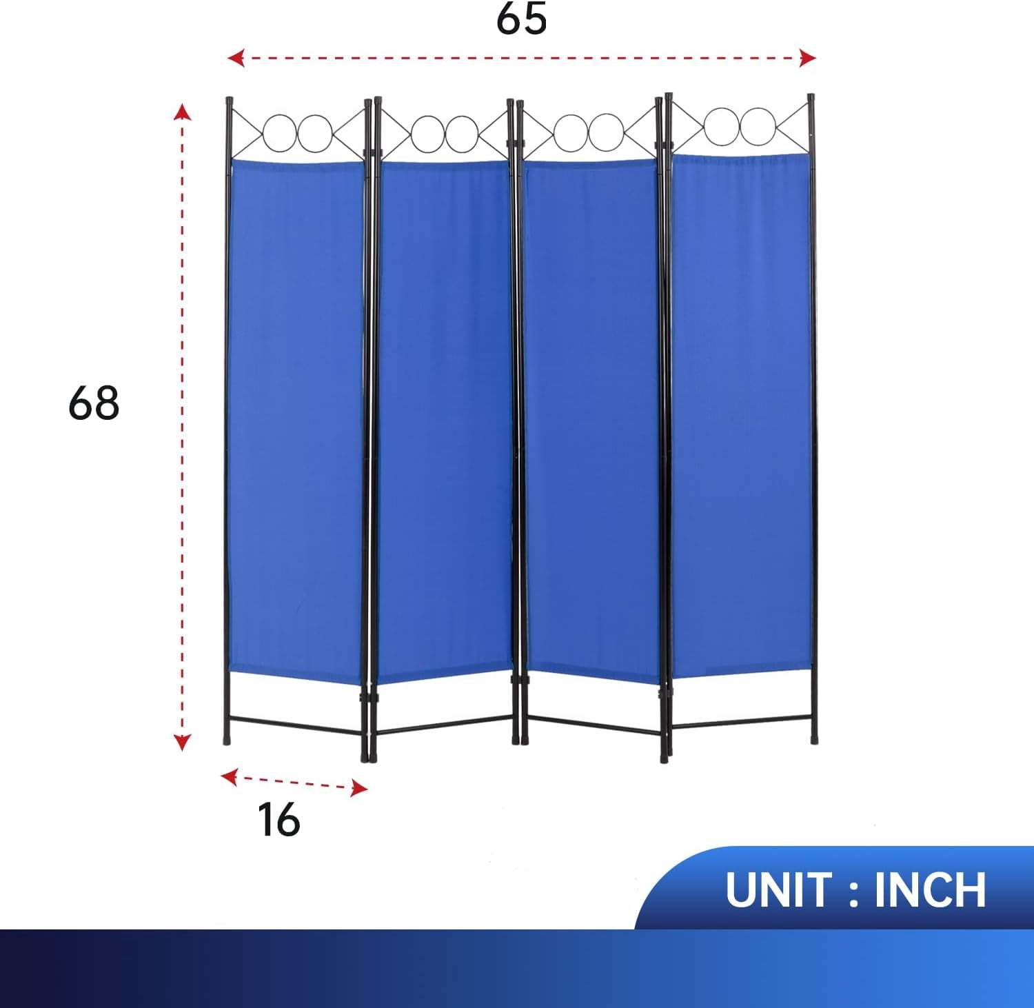 Dkelincs 4 Panel Room Divider 6.8FT Folding Privacy Screen Portable Steel Frame Partition Wall Divider, Blue