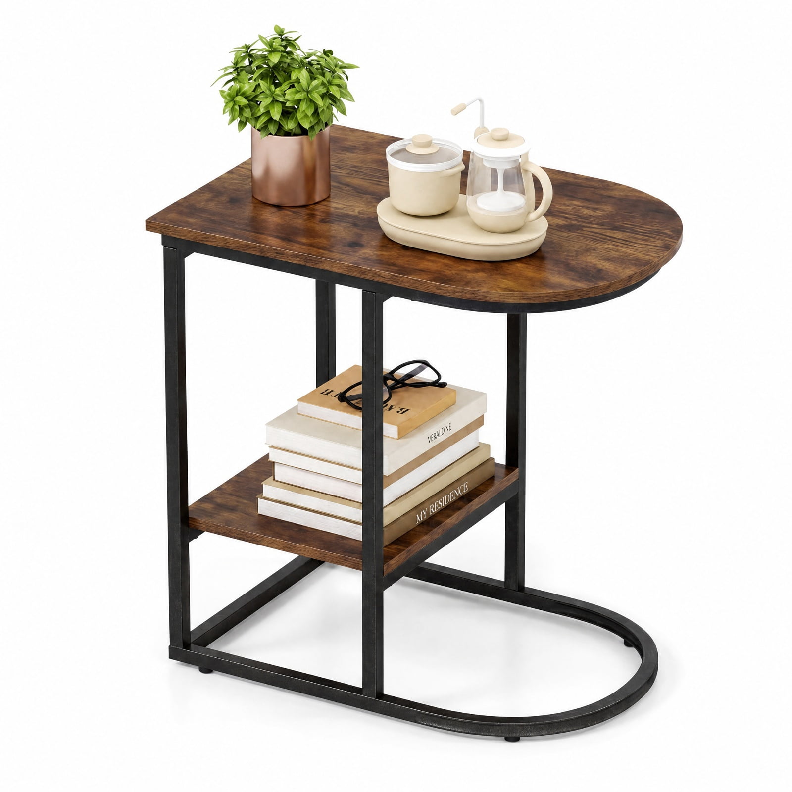 Furnibear C Shaped Modern Sofa Side Table with wood-grain finish Tabletop and Two Tier Storage Shelf for Living Room Bedroom and Lounge, Rustic Brown