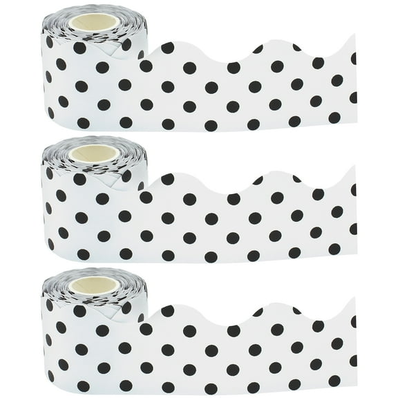 Teacher Created Resources Paper Black Polka Dots on White Scalloped Rolled Classroom Border, 3 Rolls