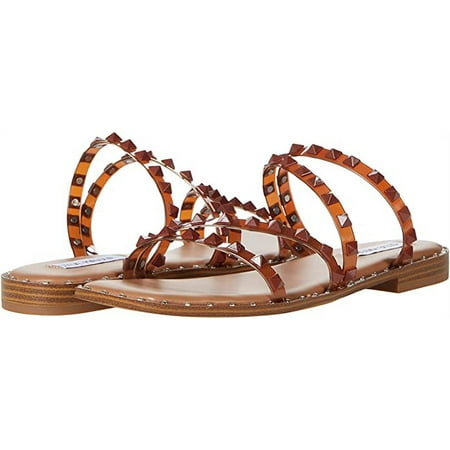 Steve Madden Skyler Cognac Leather Studded Strappy Slip On Open Toe Flat Sandal