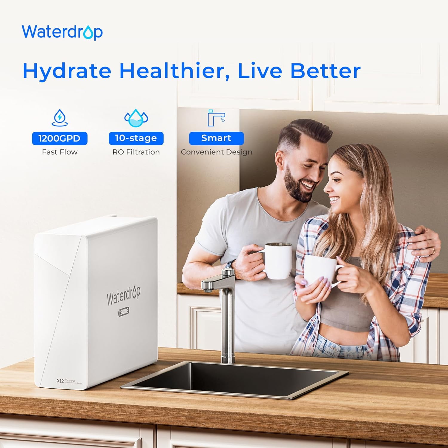 Waterdrop X12-Basic Tankless RO Water Filte 1200 GPD Undersink Reverse Osmosis System, 10-Stage Filtration RO Water Filtration System, 3:1 Pure to Drain, BPA Free