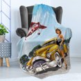 thumbnail image 4 of Pin up Girl Soft Flannel Fleece Blanket, Retro Grungy Framed Illustration of Biplane and Classic Car and a Girl Standing, Cozy Plush for Indoor and Outdoor Use, 70" x 90", Multicolor, by Ambesonne, 4 of 5