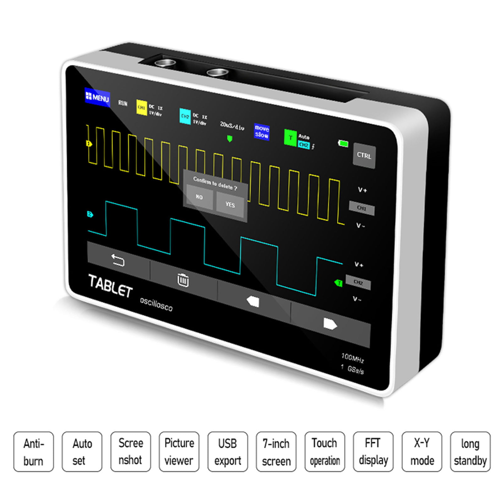 1x 7 Digital Tablet Oscilloscope 2CH 100MHz Bandwidth 1GS Sampling Rate Display 
