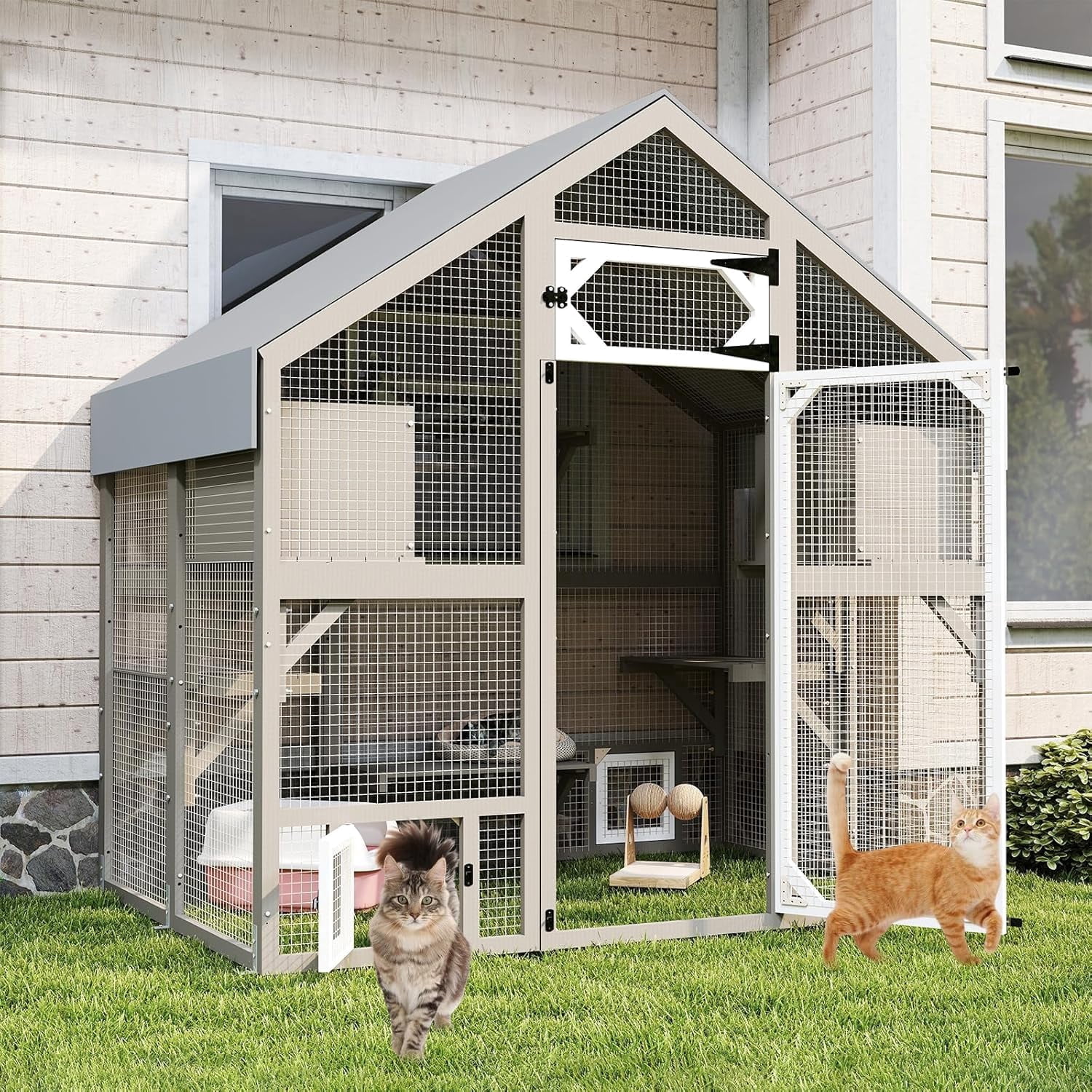 Petsblublu 71" H Cat Catio Outdoor Cat Enclosure Large Cat House with 2 Condos, 6 Platforms