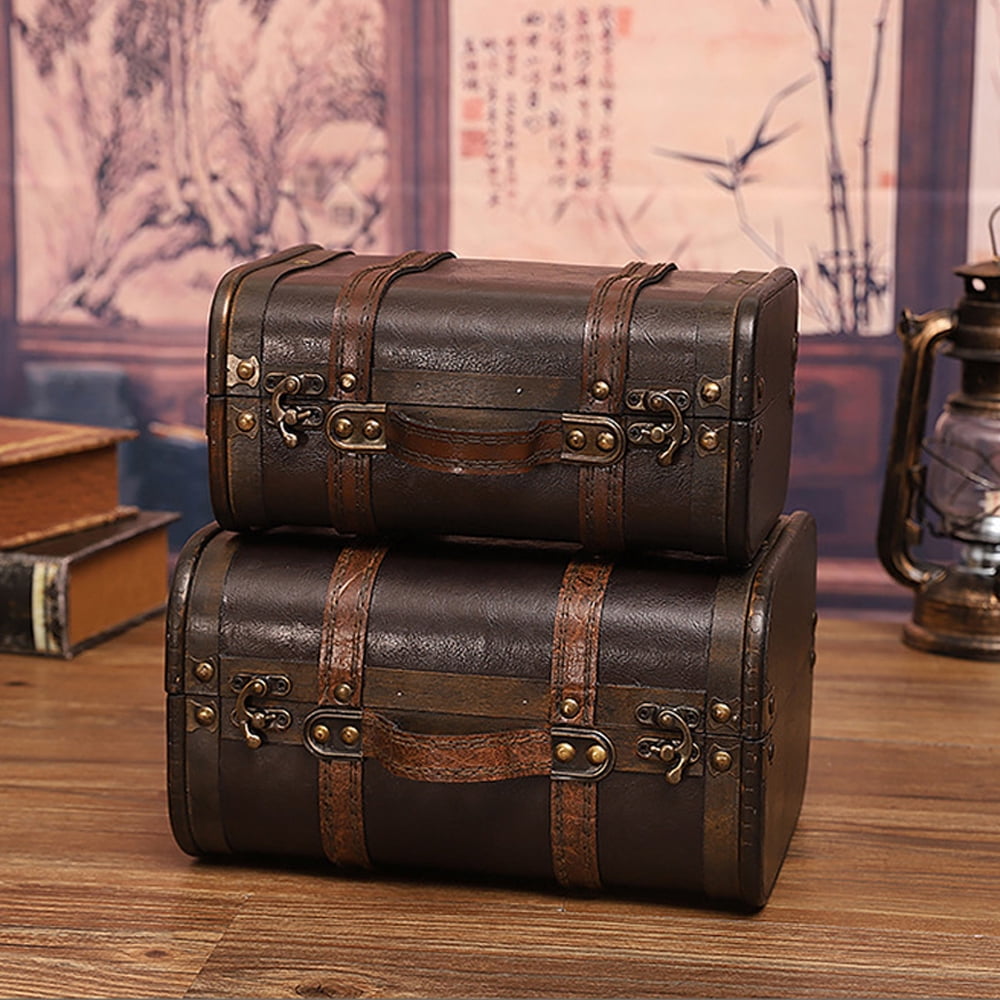 vintage Suitcase Wood Leather Finished Antique Storage Box Decorative Luggage for Photography Props Home Decoration
