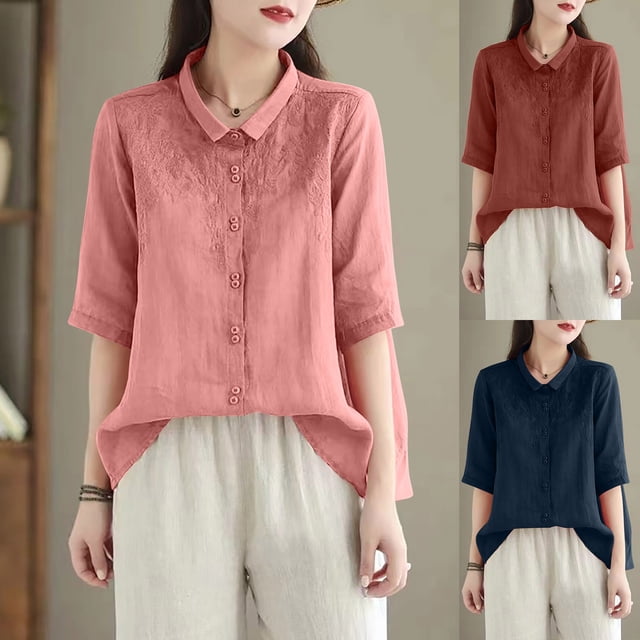 QIPOPIQ Oversized Women Button Down Shirt Lightweight Square Textured Long Sleeve Blouse Drop Shoulder Tunic Tops Clearance