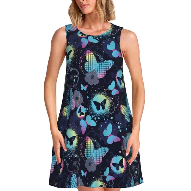 Fotbe Blue Butterfly Vestido de Verano sin Mangas para Mujer – Vestido Midi Línea A, Estilo Camiseta Floral, Vestido Playero Casual y Fluido