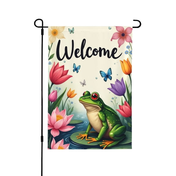 Welcome Spring Garden Flag Frog Flowers Butterflies Double Sided 12x18 Inch Outdoor Yard Decor Seasonal Farmhouse Banner