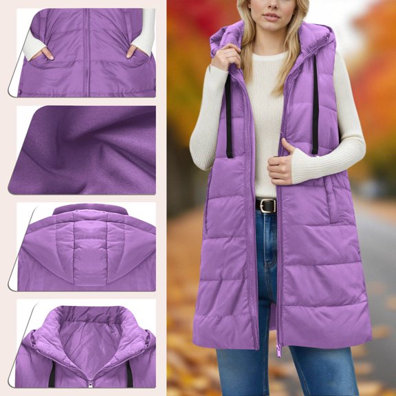 Pounoo Long Puffer Vest Women Winter Warm Long Gift Quilted Sleeveless Jackets with Pockets Fall Fashion Zip Up Puffy Coat Outerw ear