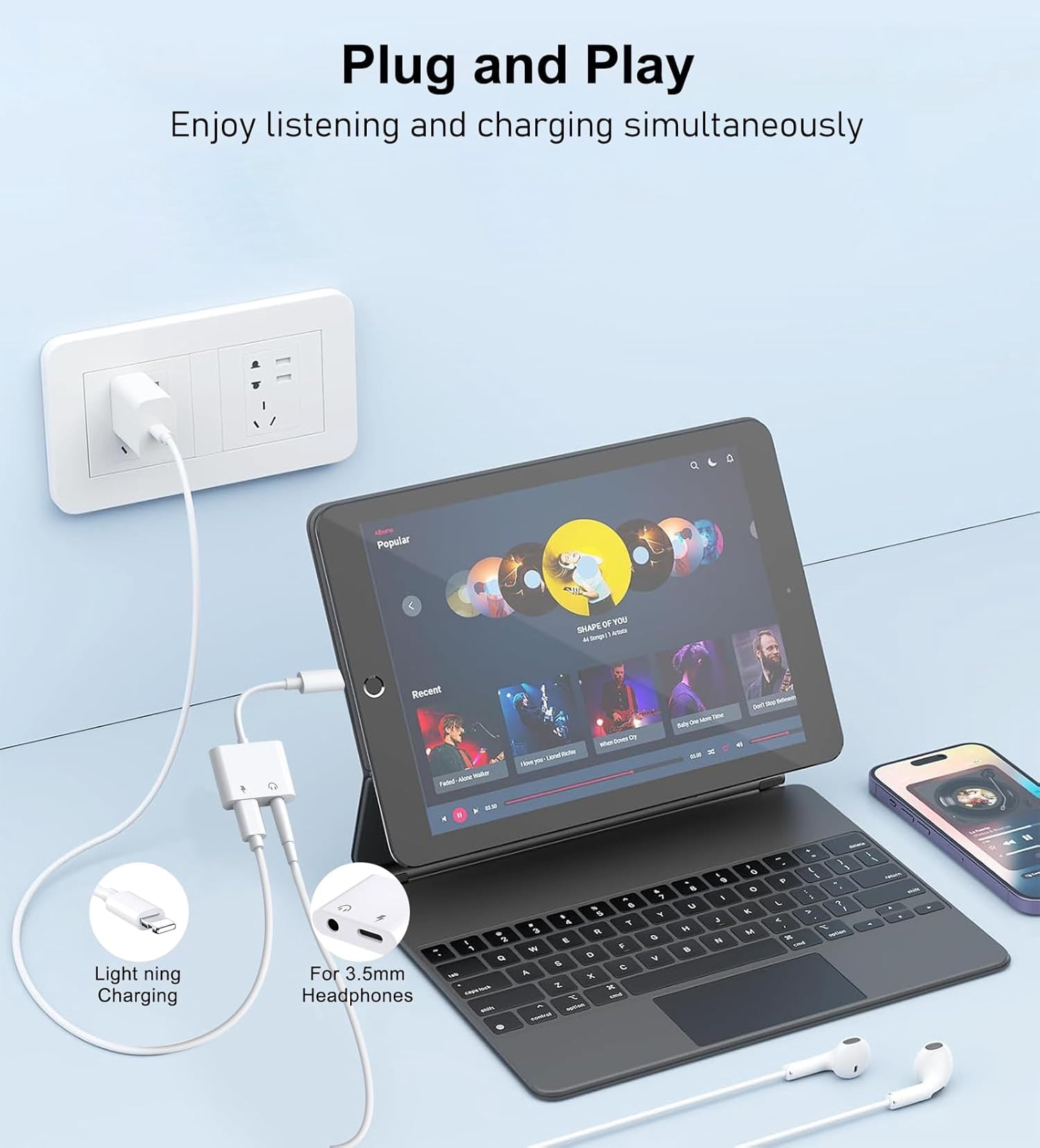 Apple MFi Certified 2 in 1 Dual Lightning Aux Charge Adapter