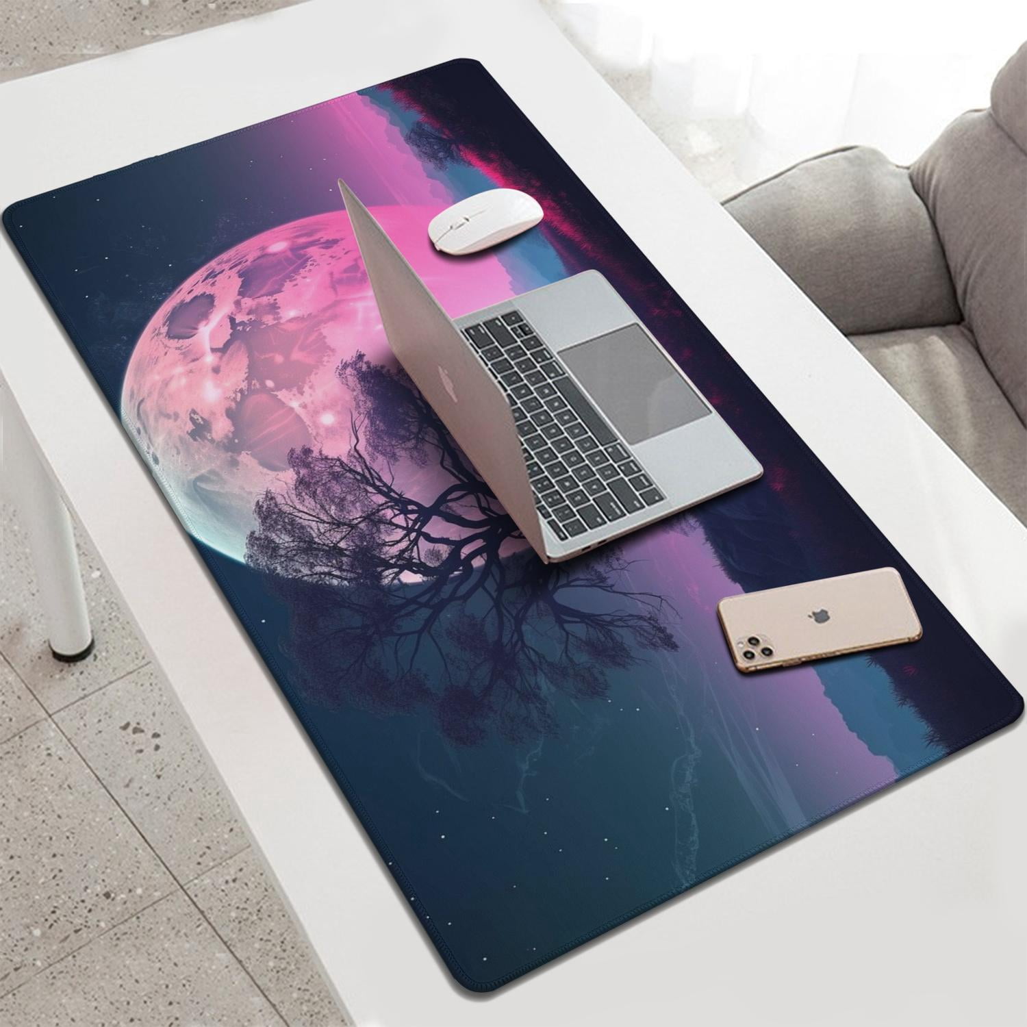 Beautiful Night Sky Moon and Tree Gaming Mouse Mat, Rectangle 3XL Extra Large Mouse Pad 47.3 X 23.6 InchesNon-Slip Rubber Gaming Mouse Pad with Stitched Edges, Office Mouse Pad for Women Men Kids