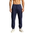 thumbnail image 2 of Men's Casual Solid Color Cargo Pants, Loose Fit Elastic Drawstring Waist Athletic Workout Trousers with Multi Side Flap Pockets Navy M, 2 of 6
