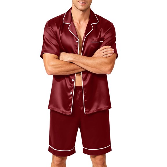 Lumtrix Mens Satin Silk Pajamas Sets Short Sleeve Button-Down Sleepwear Two Piece Loungewear with Pockets Wine S