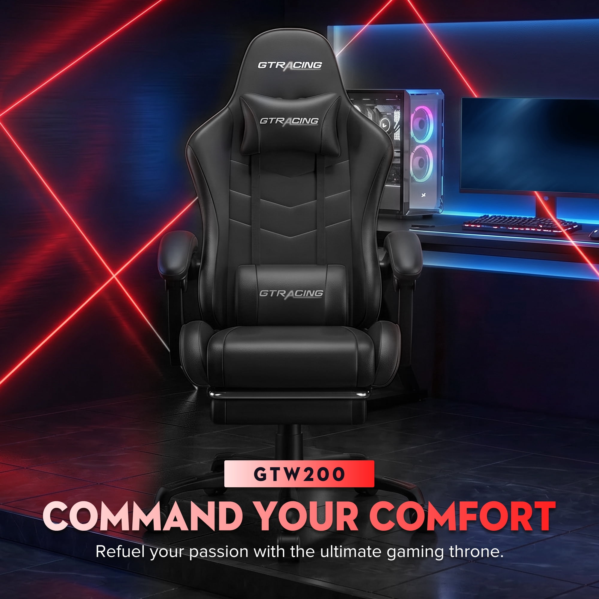 GTRACING Ergonomic GTWD-200 Gaming and Office Chair with Adjustable Pillows and Footrest, Black