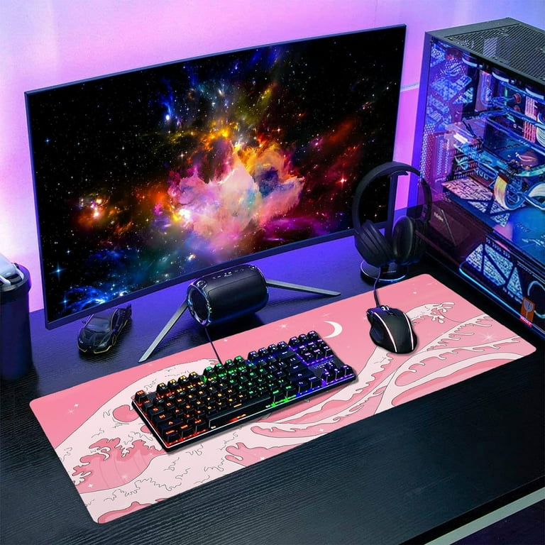 Cat Gaming Mouse Pad For Desk, Extended Large Cat Mouse Pad, Pink Mousepad XL, Cute Mouse Pad Anime, Long Big Mouse Mat With Non-Slip Rubber Base, Cat