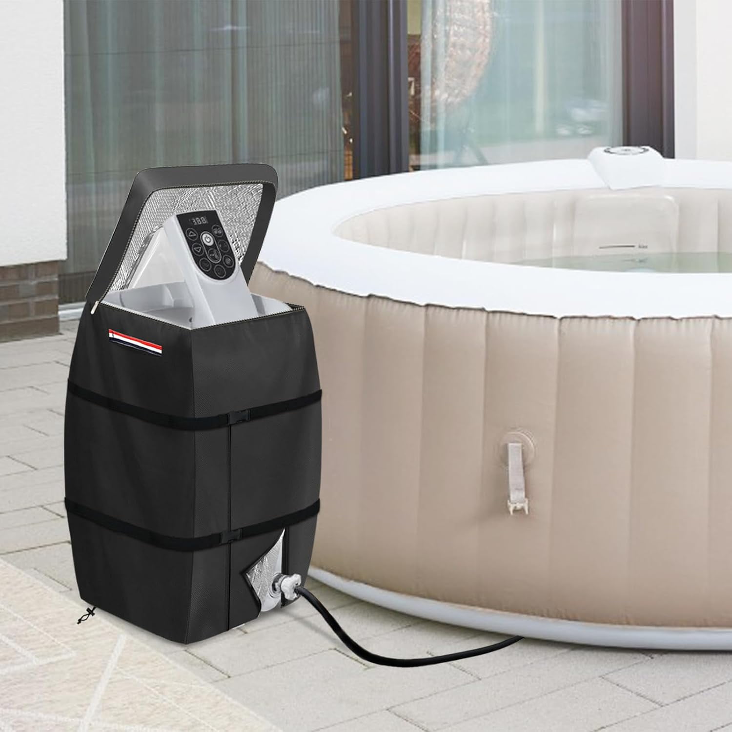 Hot Tub Pump Cover, Hot Tub Insulated Pump Cover, Hot Tub Spa Heater Pump Cover with Colorful Handles, Dustproof, Waterproof, and UV-Resistant, Upgraded and Thickened for Spa Heaters (Black)