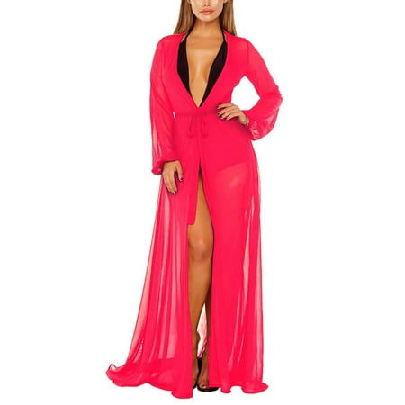 Sprifallbaby Women Chiffon Bikini Cover Ups Long Sleeve Deep V Neck See-through Maxi Dress Sexy Lace-up Summer Beachwear S-XL