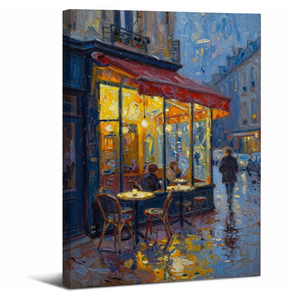 Framed Paris Street Cafe Canvas Wall Art Decor,Rainy Evening Paris Street Bistro Cafe Accents abstract canvas print for bathroom bedroom living room