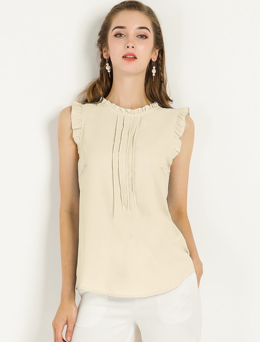 DARING DIVA Women's Ruffled Trim Pleated Plain Blouse Top 2XL Beige