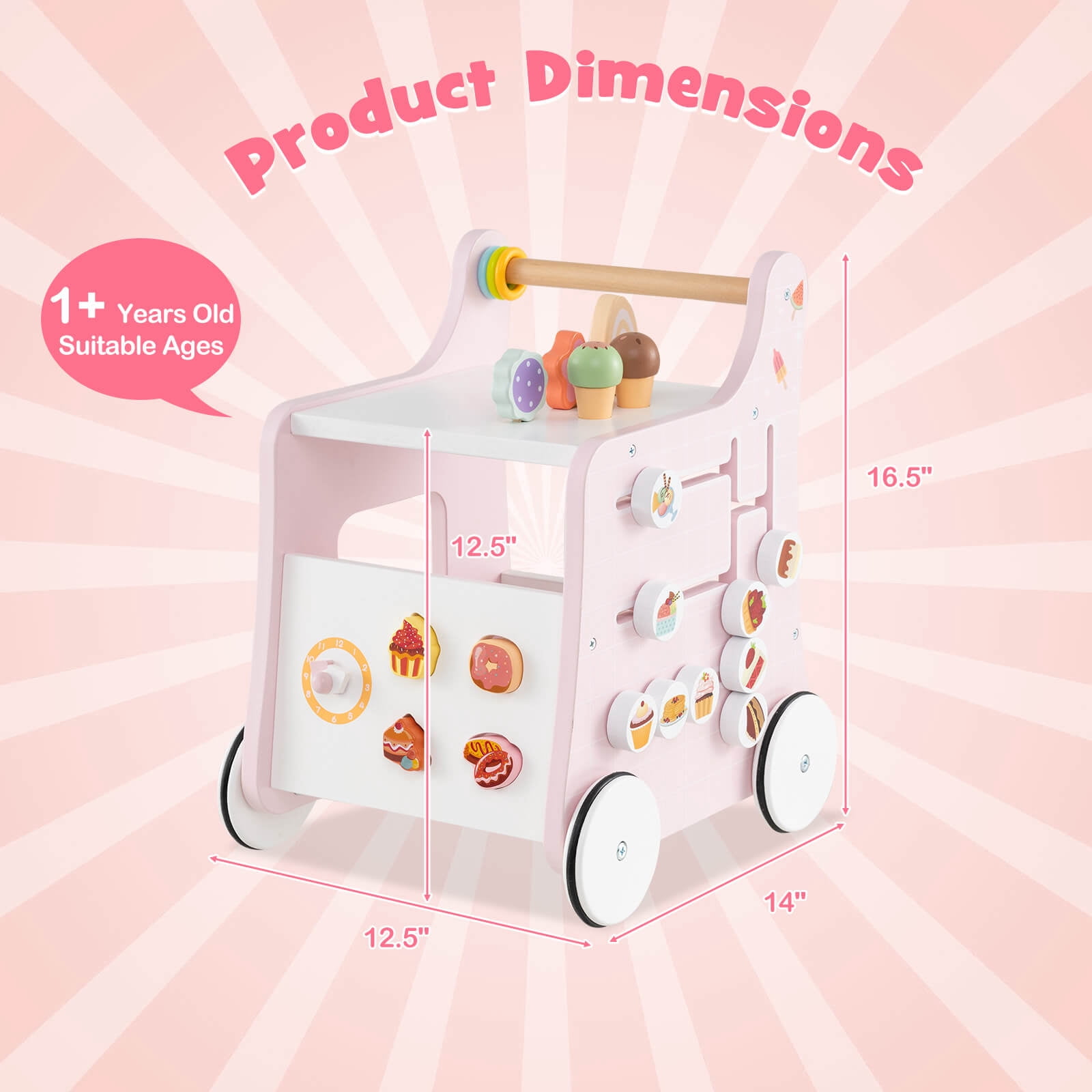 Infans Wooden Baby Walker Ice Cream Cart Toy with Sweet Accessories & Smooth Wheels