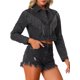 thumbnail image 1 of Chaqueta de mezclilla con flecos INSPIRE CHIC para mujeres, de manga larga, con botones, casual, chaquetas de mezclilla con borlas, gris oscuro, XS, 1 of 5