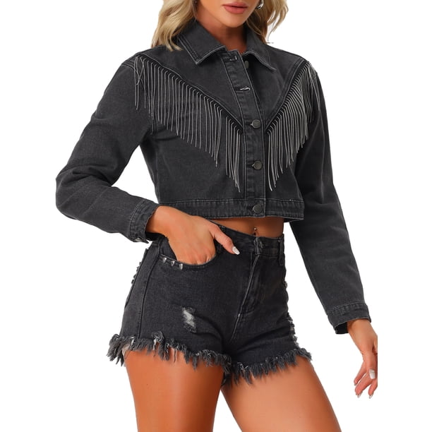 Chaqueta de mezclilla con flecos INSPIRE CHIC para mujeres, de manga larga, con botones, casual, chaquetas de mezclilla con borlas, gris oscuro, XS